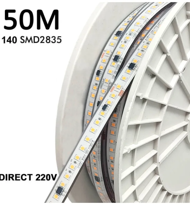 Tira LED 220V Bridgelux SMD2835, 140Led/m, 20W/m, 2800lm/m, Triac regulable, corte 10cm, carrete 50 metros. Silicona