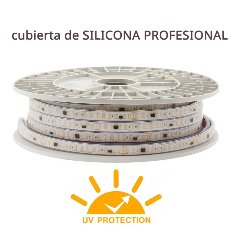 Tira LED 220V Bridgelux SMD2835, 140Led/m, 20W/m, 2800lm/m, Triac regulable, corte 10cm, carrete 50 metros. Silicona