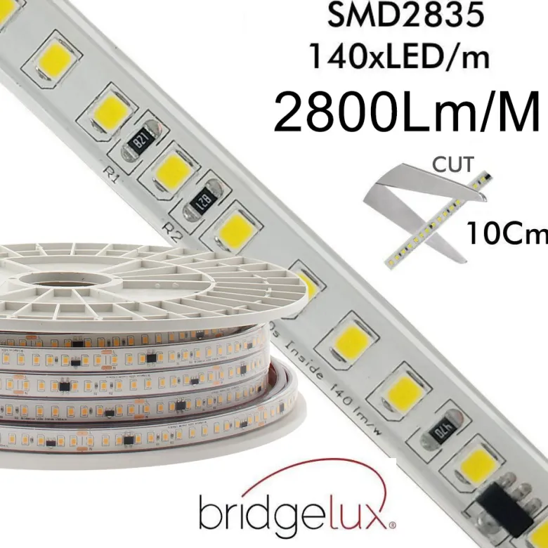 Tira LED 220V Bridgelux SMD2835, 140Led/m, 20W/m, 2800lm/m, Triac regulable, corte 10cm, carrete 50 metros. Silicona
