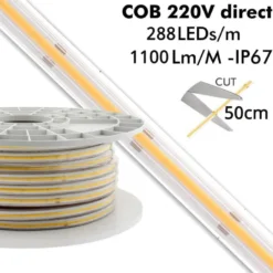 Tira LED 220V COB, 288Led/m, 10W/m, carrete 50 metros con conectores rápidos, 50cm corte