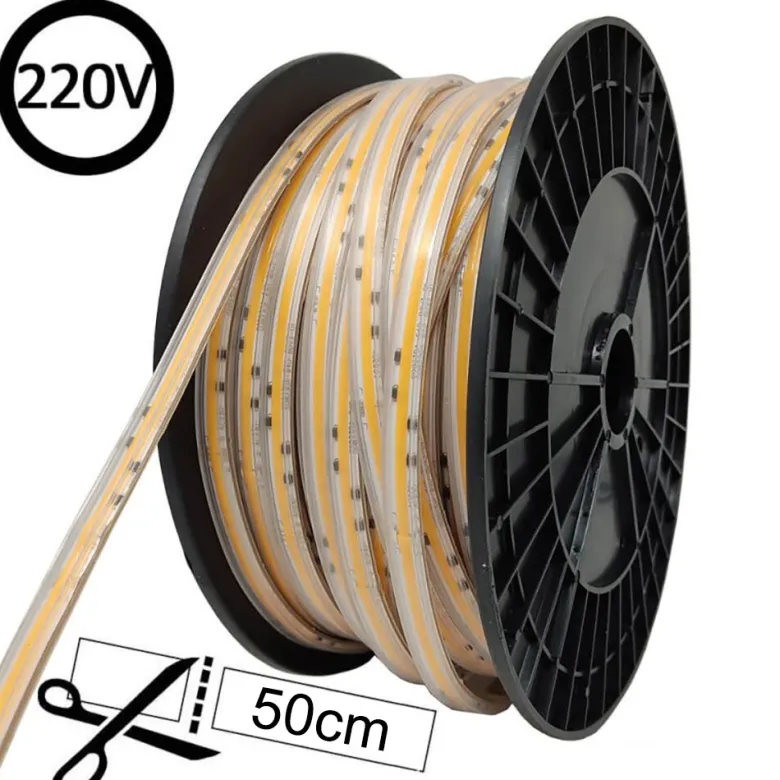 Tira LED 220V COB, 288Led/m, 10W/m, carrete 50 metros con conectores rápidos, 50cm corte