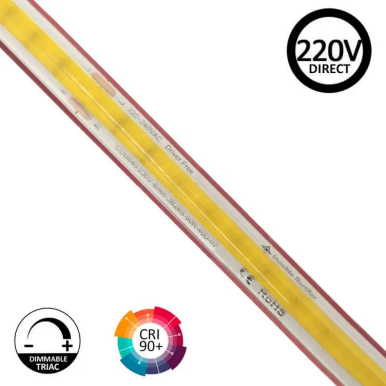 Tira LED 220V COB, 560Led/m, 16W/m, 10cm corte, 1 metro. Regulable Triac. Silicona