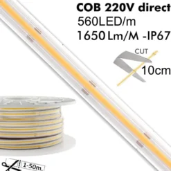 Tira LED 220V COB, 560Led/m, 16W/m, 10cm corte, 10 metros. Regulable Triac. Silicona