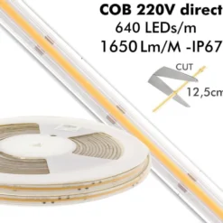 Tira LED 220V COB, 560Led/m, 16W/m, 10cm corte, 10 metros. Regulable Triac. Silicona
