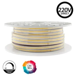 Tira LED 220V COB, 560Led/m, 16W/m, 10cm corte, 50 metros. Regulable Triac. Silicona