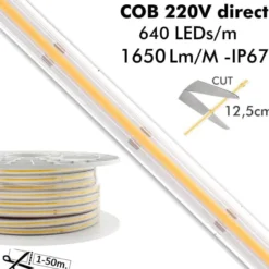 Tira LED 220V COB, 560Led/m, 16W/m, 10cm corte, 50 metros. Regulable Triac. Silicona