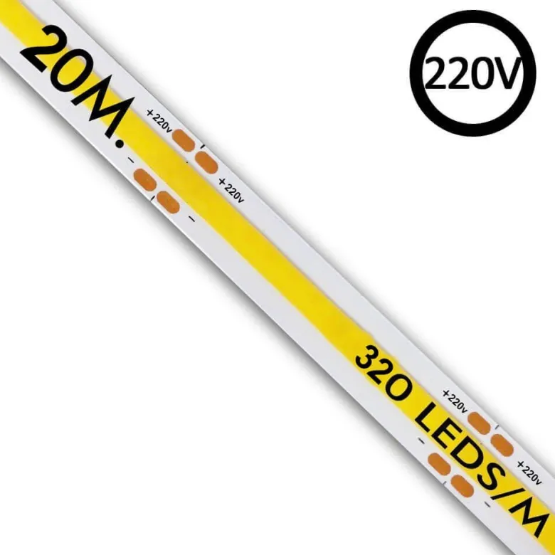Tira LED 220V COB, 320Led/m, 12W/m, 25cm corte, 1 metro. Regulable Triac. Silicona
