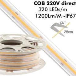Tira LED 220V COB, 320Led/m, 12W/m, 25cm corte, 1 metro. Regulable Triac. Silicona