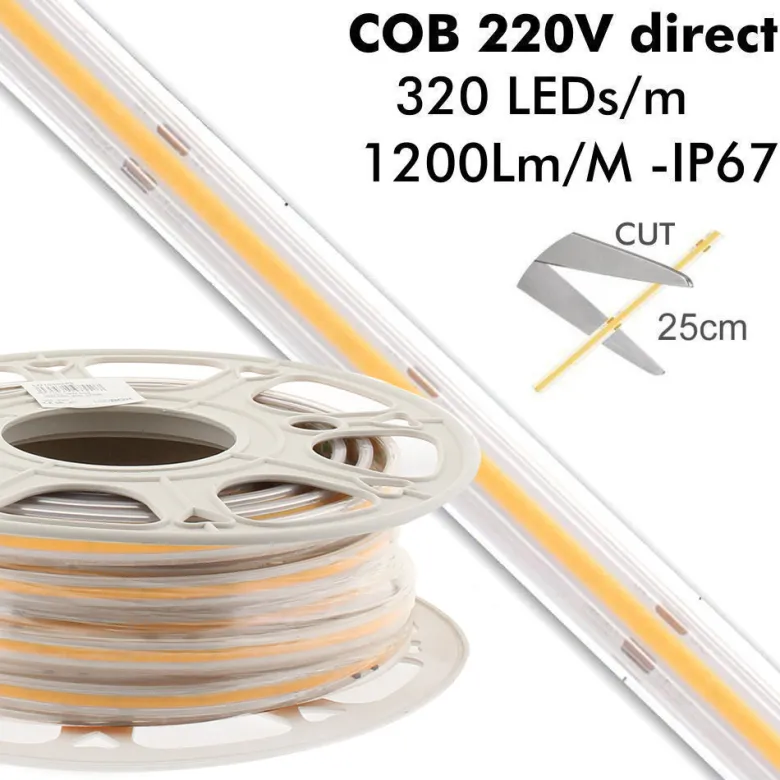 Tira LED 220V COB, 320Led/m, 12W/m, 25cm corte, 1 metro. Regulable Triac. Silicona