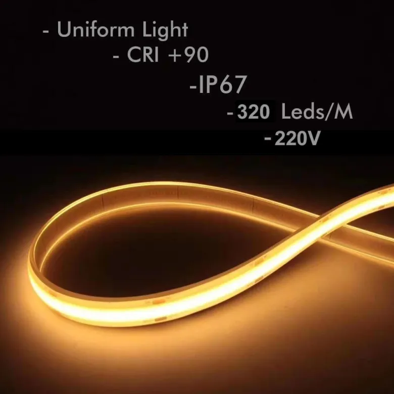 Tira LED 220V COB, 320Led/m, 12W/m, 25cm corte, 1 metro. Regulable Triac. Silicona