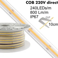 Tira LED 220V COB, 240Led/m, 10W/m, Triac regulable, corte 10cm, 1 metro