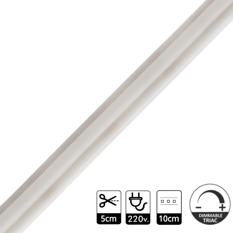 Tira LED 220V COB 4*10mm, 288Led/m, 10W/m, Triac regulable, corte 5cm, 1 metro. Silicona