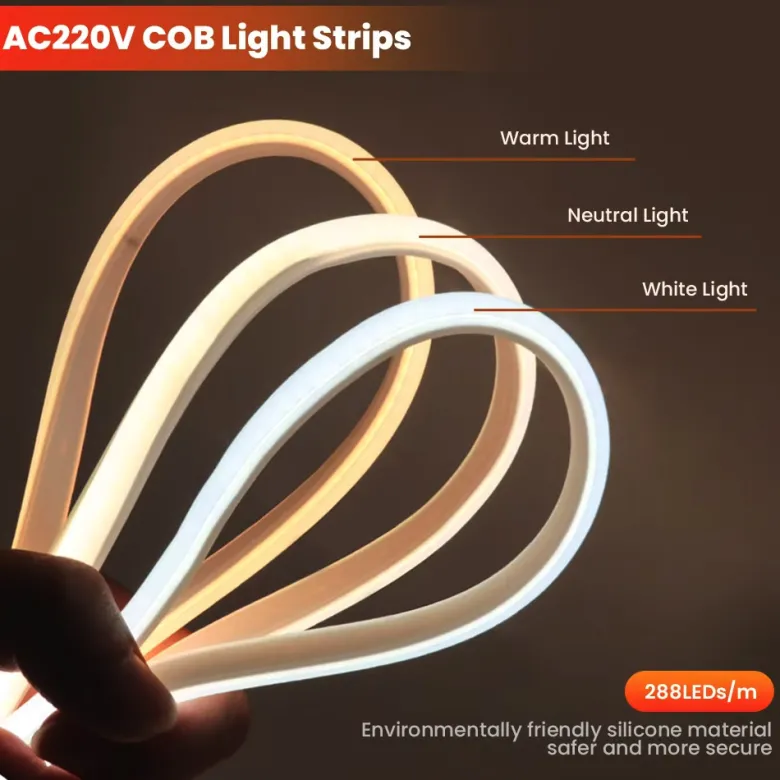 Tira LED 220V Slim COB, 288Led/m, 12W/m, Triac regulable, corte 5cm, carrete 50 metros. Silicona