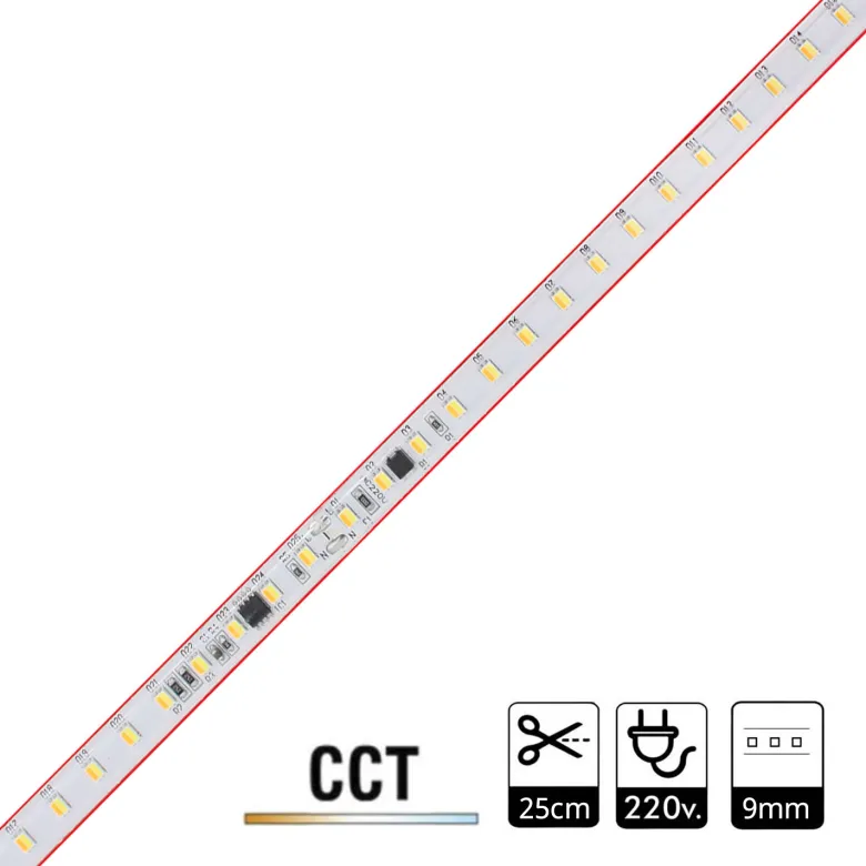 Tira LED 220V Slim SMD2835, 100Led/m, 10W/m, corte 25cm, CCT, 1 metro
