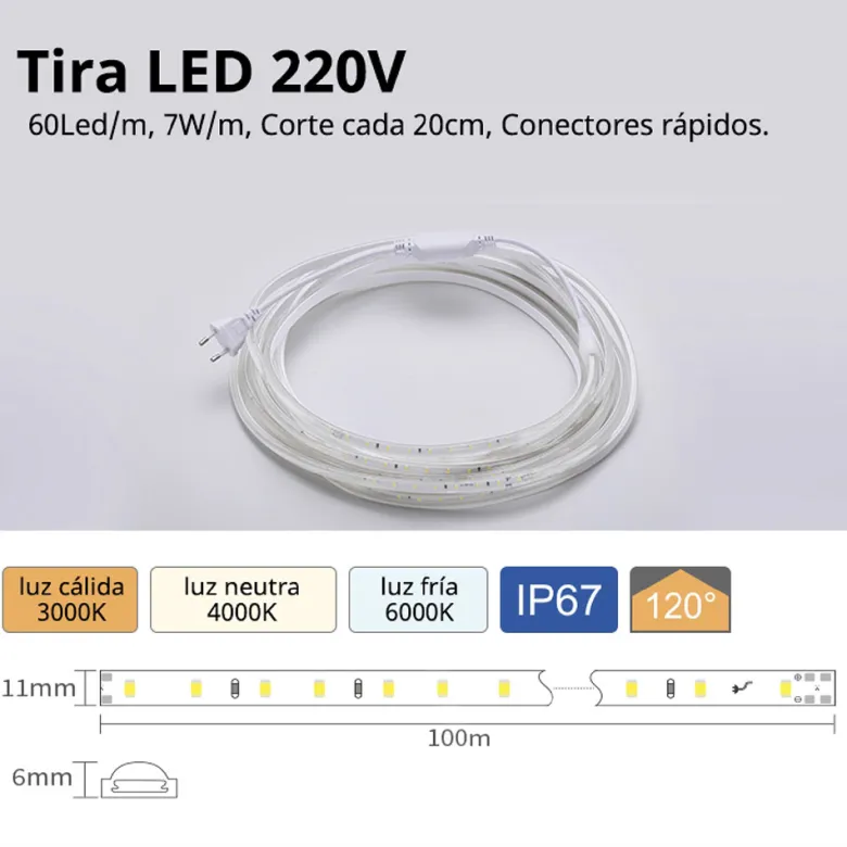 Tira LED 220V SMD2835, 60Led/m, 1 metro con conectores rápidos, 20cm corte