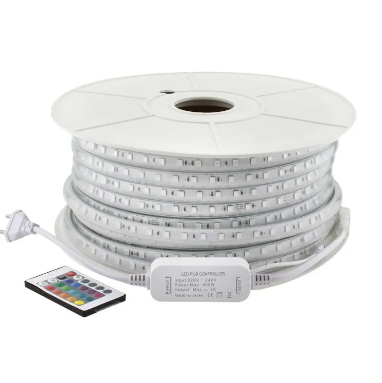 Tira LED 220V SMD5050 60Led/m, 8W/m, RGB, carrete 50 metros + controlador + mando