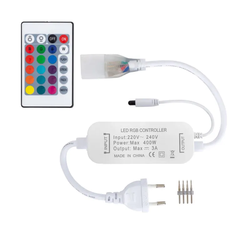 Tira LED 220V SMD5050 60Led/m, 8W/m, RGB, carrete 50 metros + controlador + mando