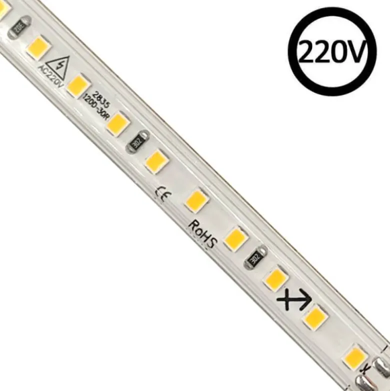 Tira LED 220V SMD2835, 120Led/m, 8W/m, Triac regulable, corte 10cm, 1 metro