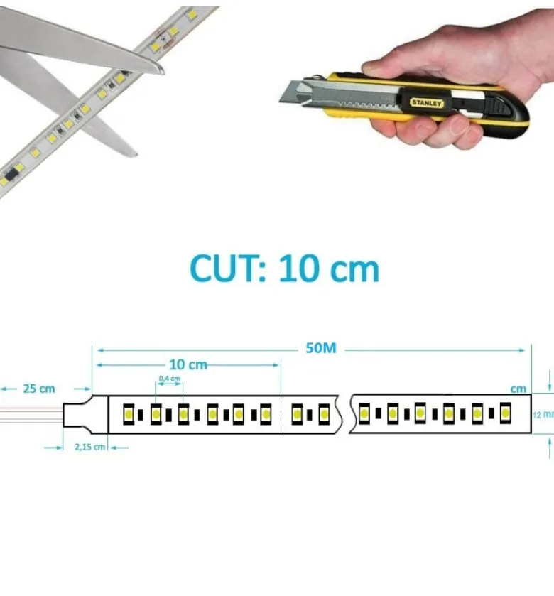 Tira LED 220V SMD2835, 120Led/m, 8W/m, Triac regulable, corte 10cm, 1 metro