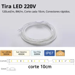 Tira LED 220V SMD2835, 120Led/m, 8W/m, Triac regulable, corte 10cm, 1 metro