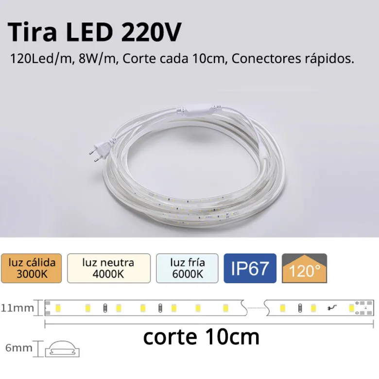Tira LED 220V SMD2835, 120Led/m, 8W/m, Triac regulable, corte 10cm, 1 metro