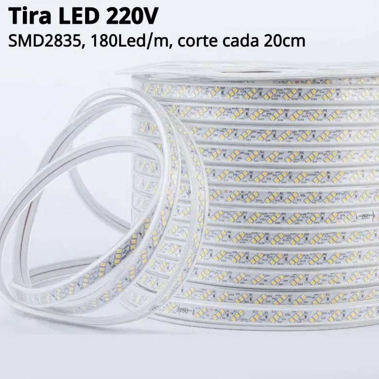 Tira LED 220V SMD2835, 180Led/m, 10W/m, Triac regulable, corte 20cm, 1 metro