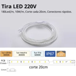 Tira LED 220V SMD2835, 180Led/m, 10W/m, Triac regulable, corte 20cm, 1 metro