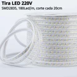 Tira LED 220V SMD2835, 180Led/m, 10W/m, Triac regulable, corte 20cm, carrete 50 metros