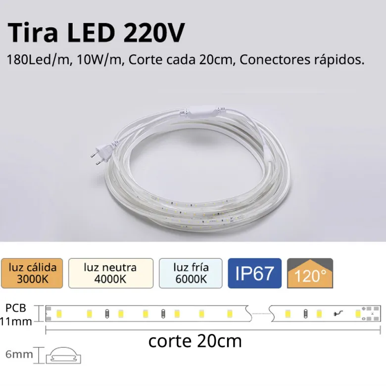 Tira LED 220V SMD2835, 180Led/m, 10W/m, Triac regulable, corte 20cm, carrete 50 metros