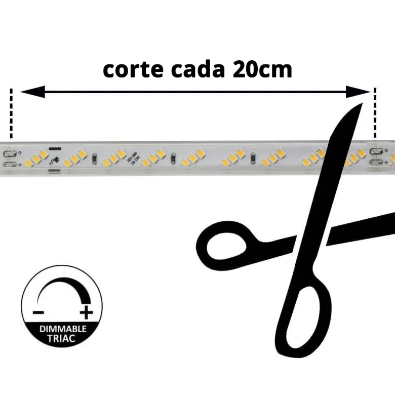 Tira LED 220V SMD2835, 180Led/m, 10W/m, Triac regulable, corte 20cm, carrete 50 metros