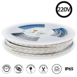 Tira LED 220V Super Slim SMD2835, 120Led/m, 8W/m, Triac regulable, corte 10cm, carrete 50 metros, Silicona