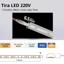 Tira LED 220V Super Slim SMD2835, 120Led/m, 8W/m, Triac regulable, corte 10cm, carrete 50 metros, Silicona